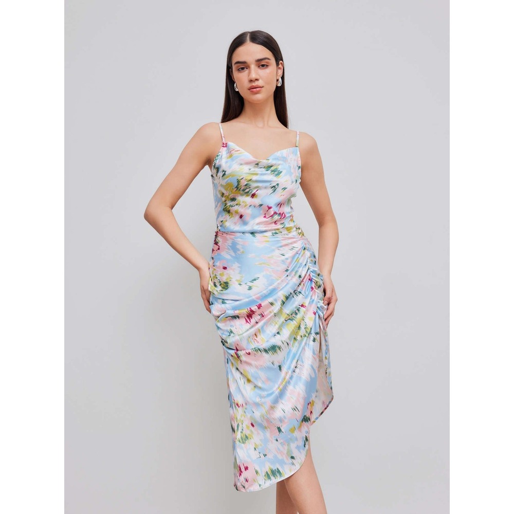 Cider Multicolor Abstract Print Satin Cowl Neck Ruched Midi Dress Size M NWT